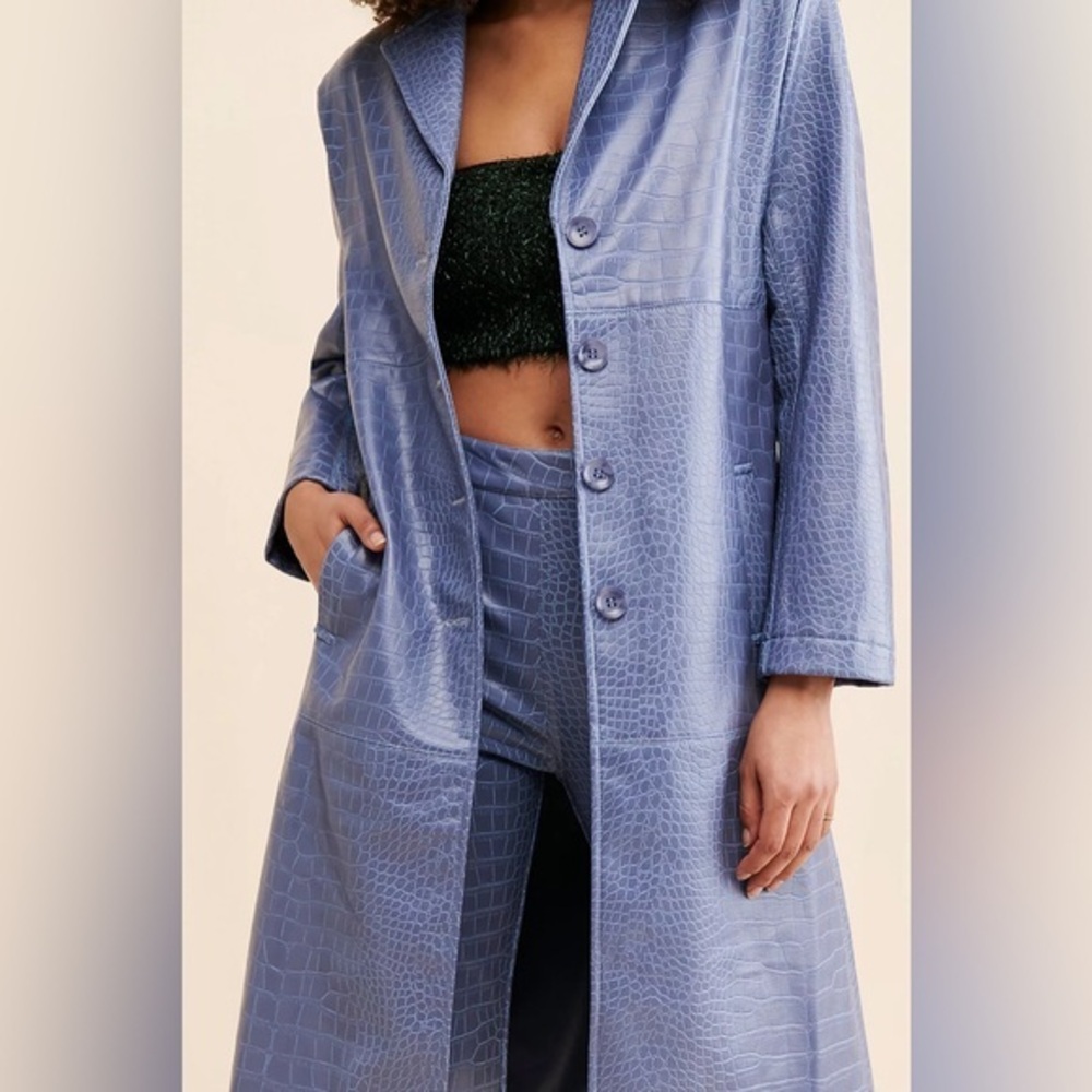 Free people x Hosbjerg Vegan Leather Croc Coat maxi blue overcoat size XS $298